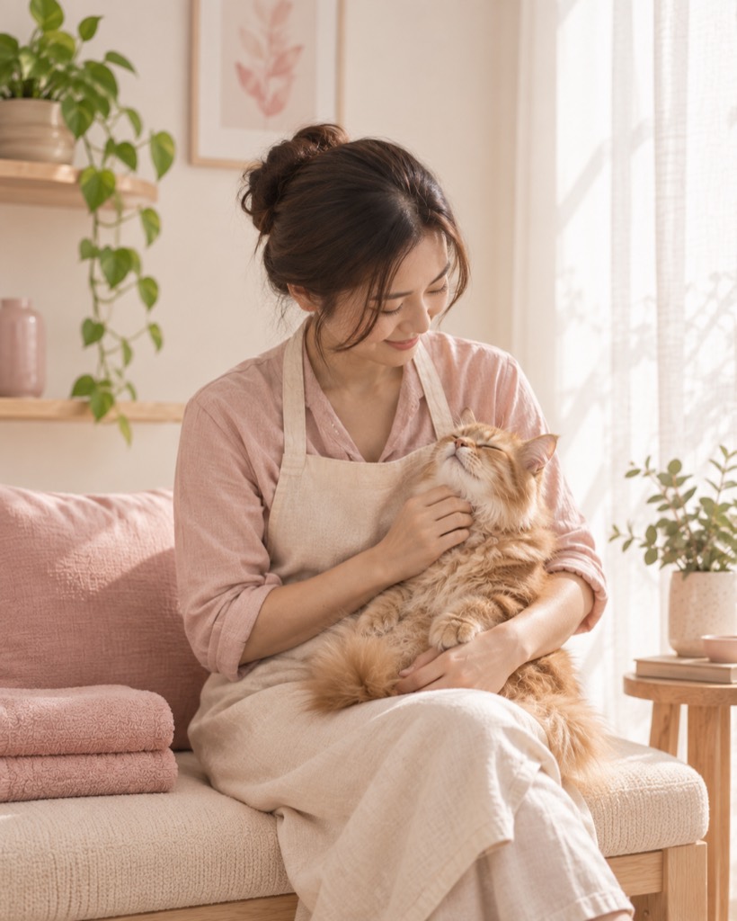 Mallory, founder of Playful Paws, holding a relaxed ginger cat on the studio bench