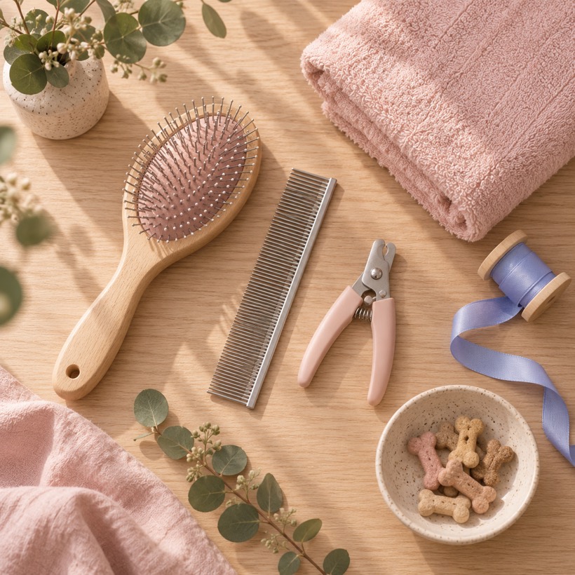 Grooming tools laid out on oak: wooden brush, comb, clippers, folded towel and ribbon