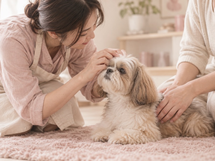 A groomer checking a Shih Tzu's coat at eye level with its owner