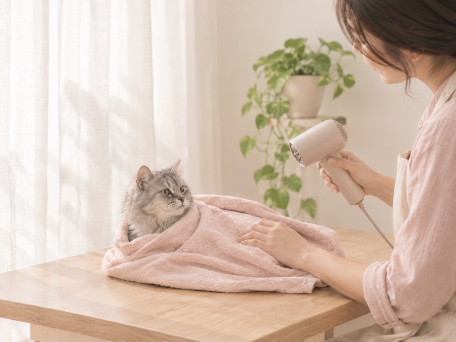 A tabby cat being gently dried in a quiet private grooming room