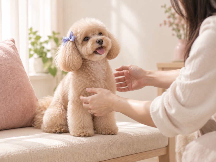 A freshly groomed toy poodle wearing a small bow, ready for pickup