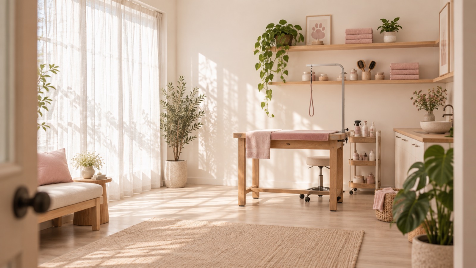 The Playful Paws studio: light oak grooming table, linen curtains and a quiet waiting bench